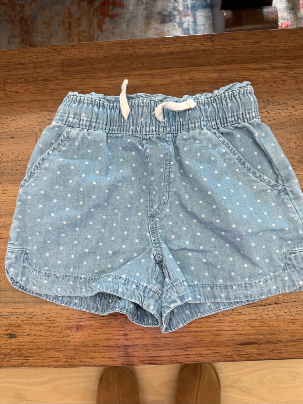 Girls' Light Blue Polka Dot Denim Shorts with Drawstring
